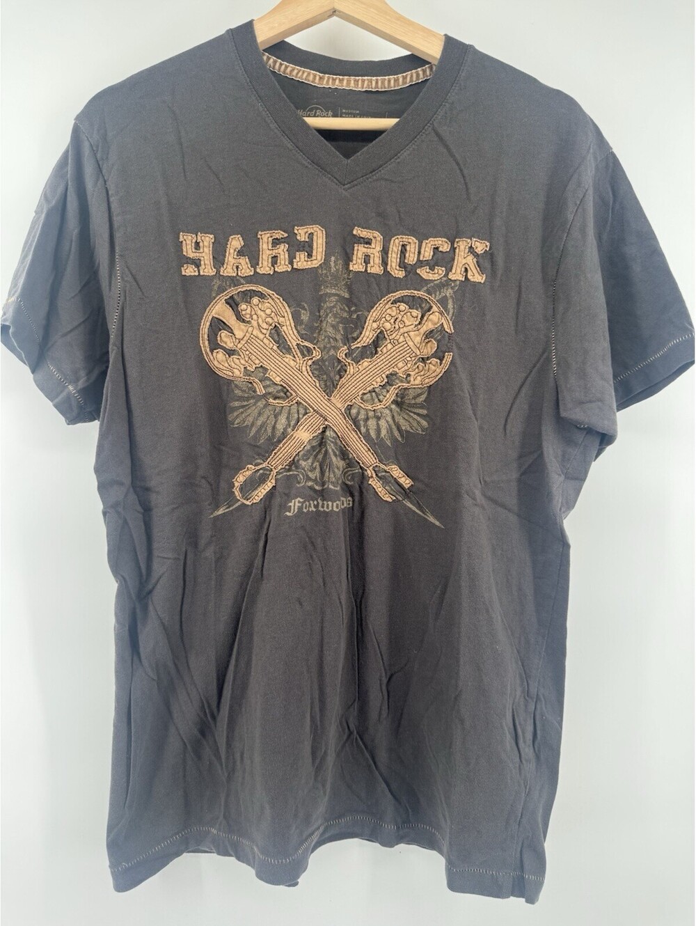 Hard Rock Cafe Mens T-Shirt Foxwoods Sewn Logo Brown Wash Graphic Tee Size M